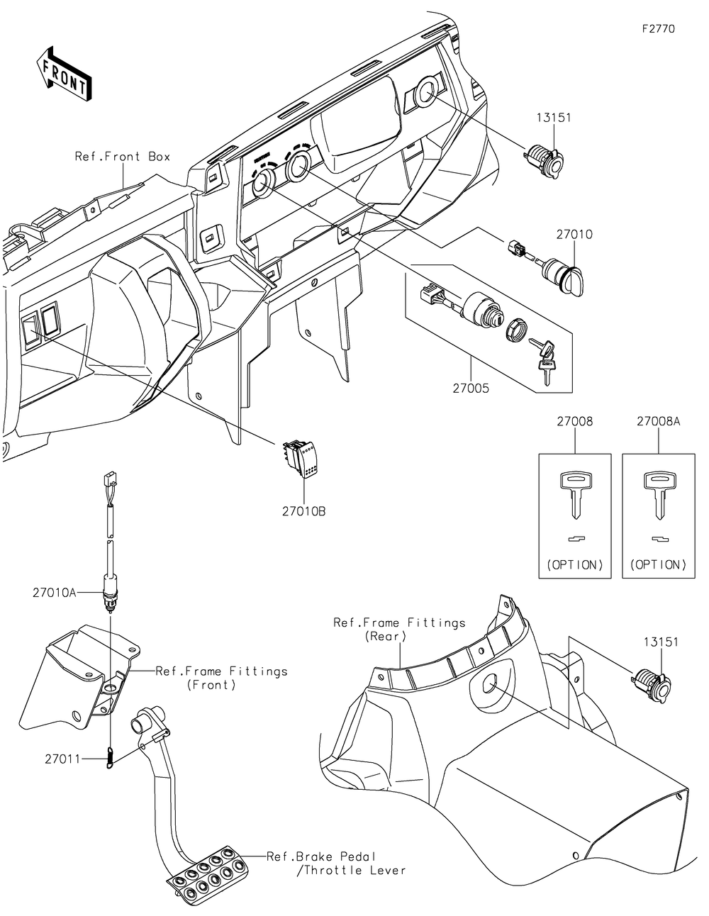 Ignition Switch Diagram and Parts List for KRT800FPFNN 2023 Kawasaki Lawn Tractor Accessories