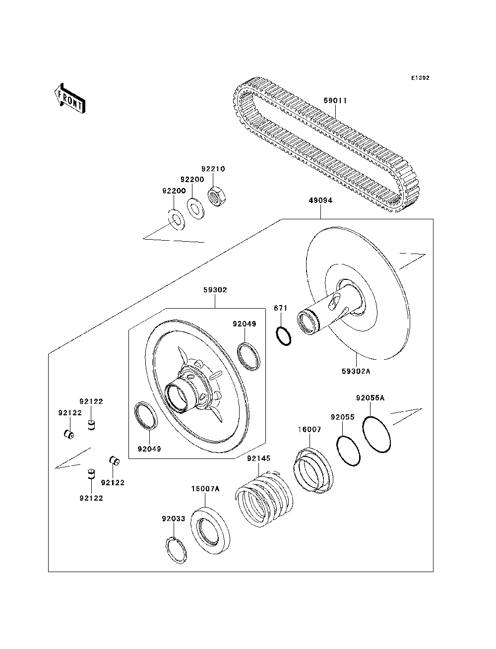 Driven Converter/Drive Belt Diagram and Parts List for KRT800BEF 2014 Kawasaki Lawn Tractor Accessories
