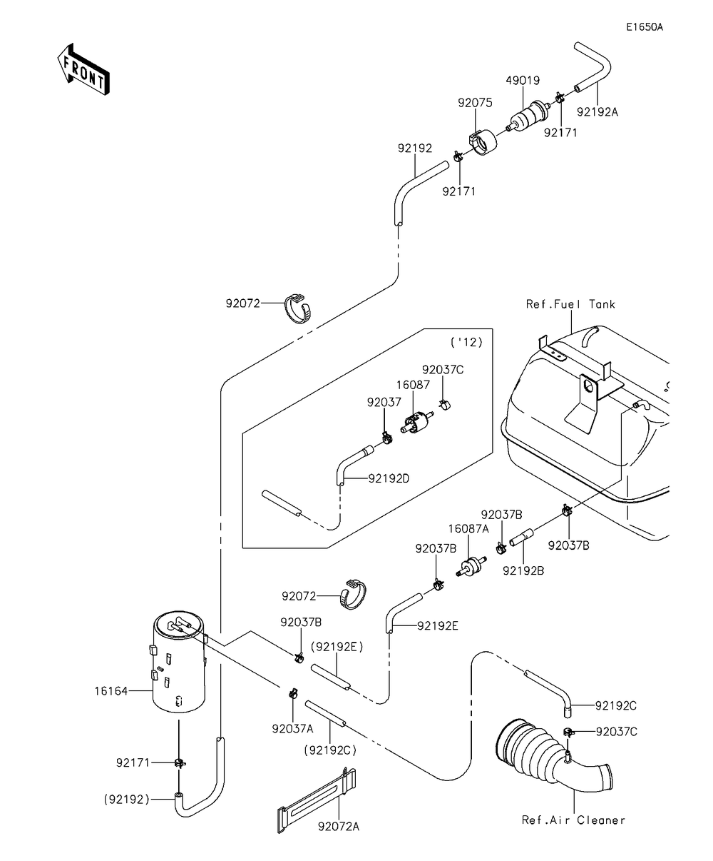 Fuel Evaporative System Diagram and Parts List for KAF400EDF 2013 Kawasaki Lawn Tractor Accessories