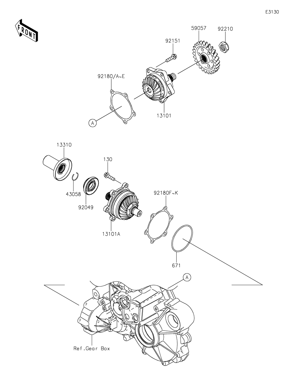 Bevel Gear Diagram and Parts List for KRT1000BPFNL 2023 Kawasaki Lawn Tractor Accessories