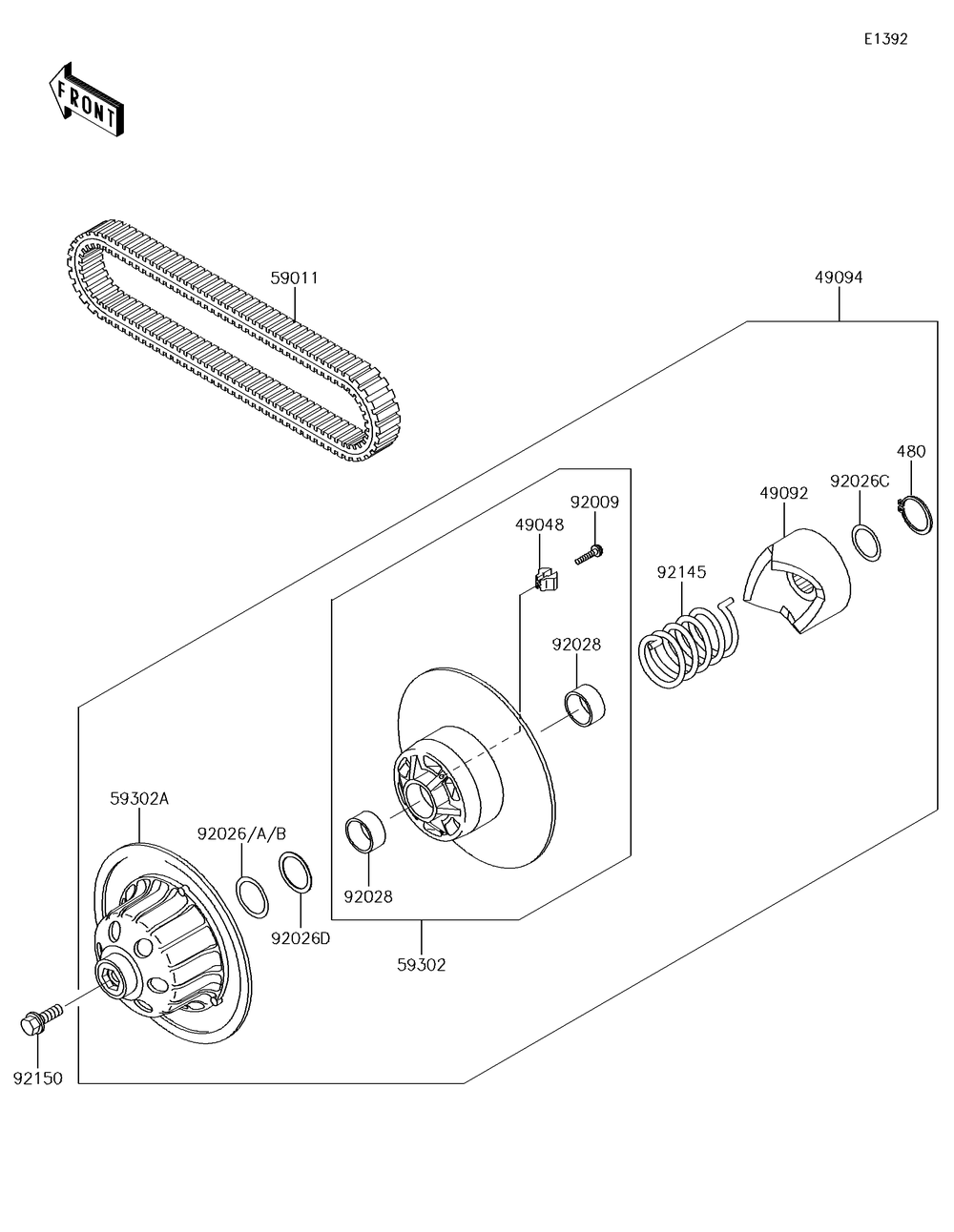Driven Converter/Drive Belt Diagram and Parts List for KAF620PGF 2016 Kawasaki Lawn Tractor Accessories