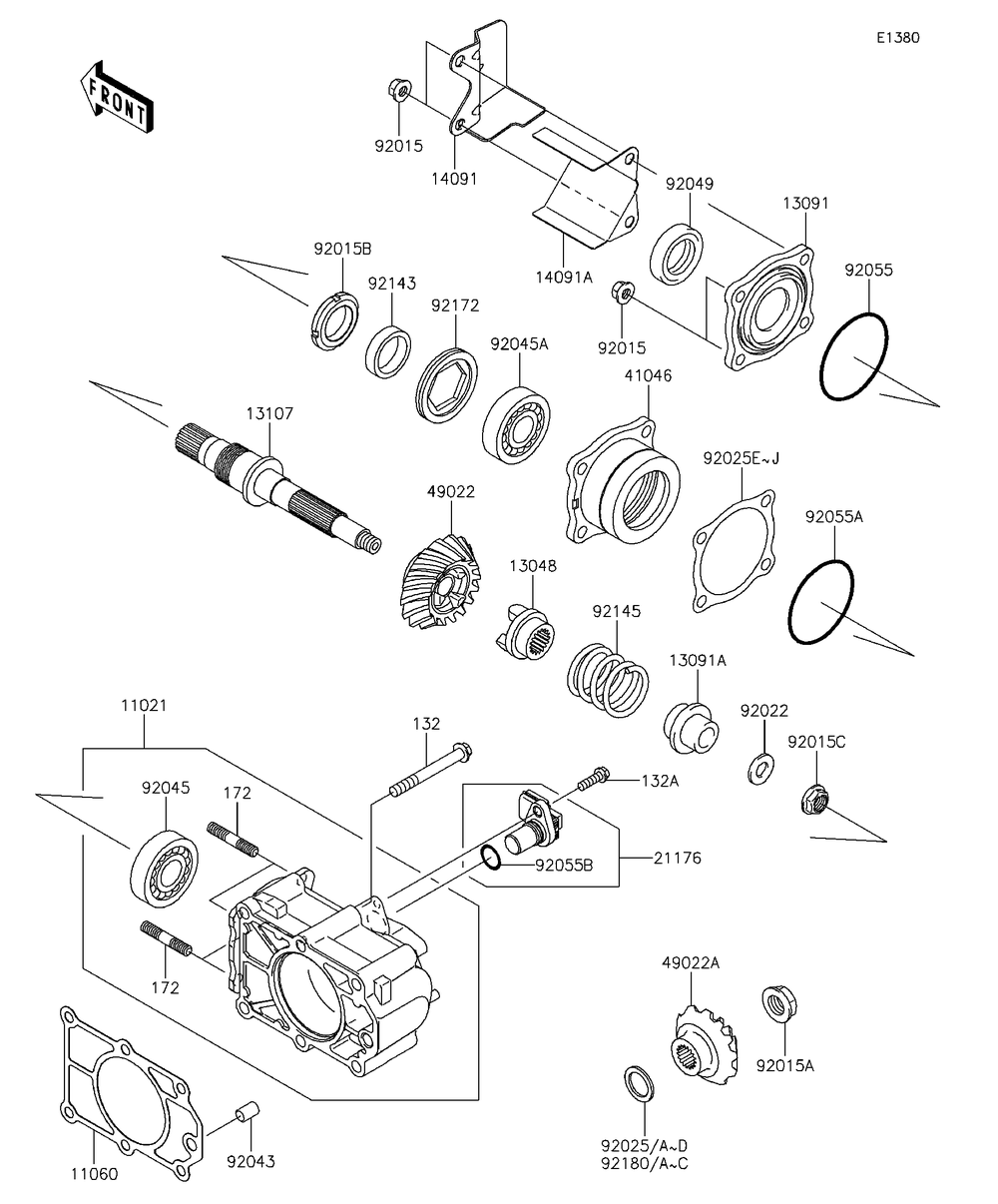 Bevel Gear Case Diagram and Parts List for KAF620RFF 2015 Kawasaki Lawn Tractor Accessories