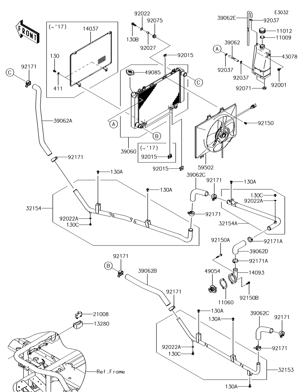 Radiator Diagram and Parts List for KAF620TJF 2018 Kawasaki Lawn Tractor Accessories