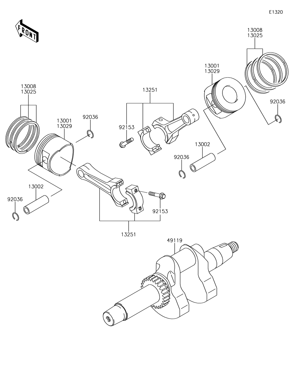 Crankshaft/Piston Diagram and Parts List for KAF620XJF 2018 Kawasaki Lawn Tractor Accessories