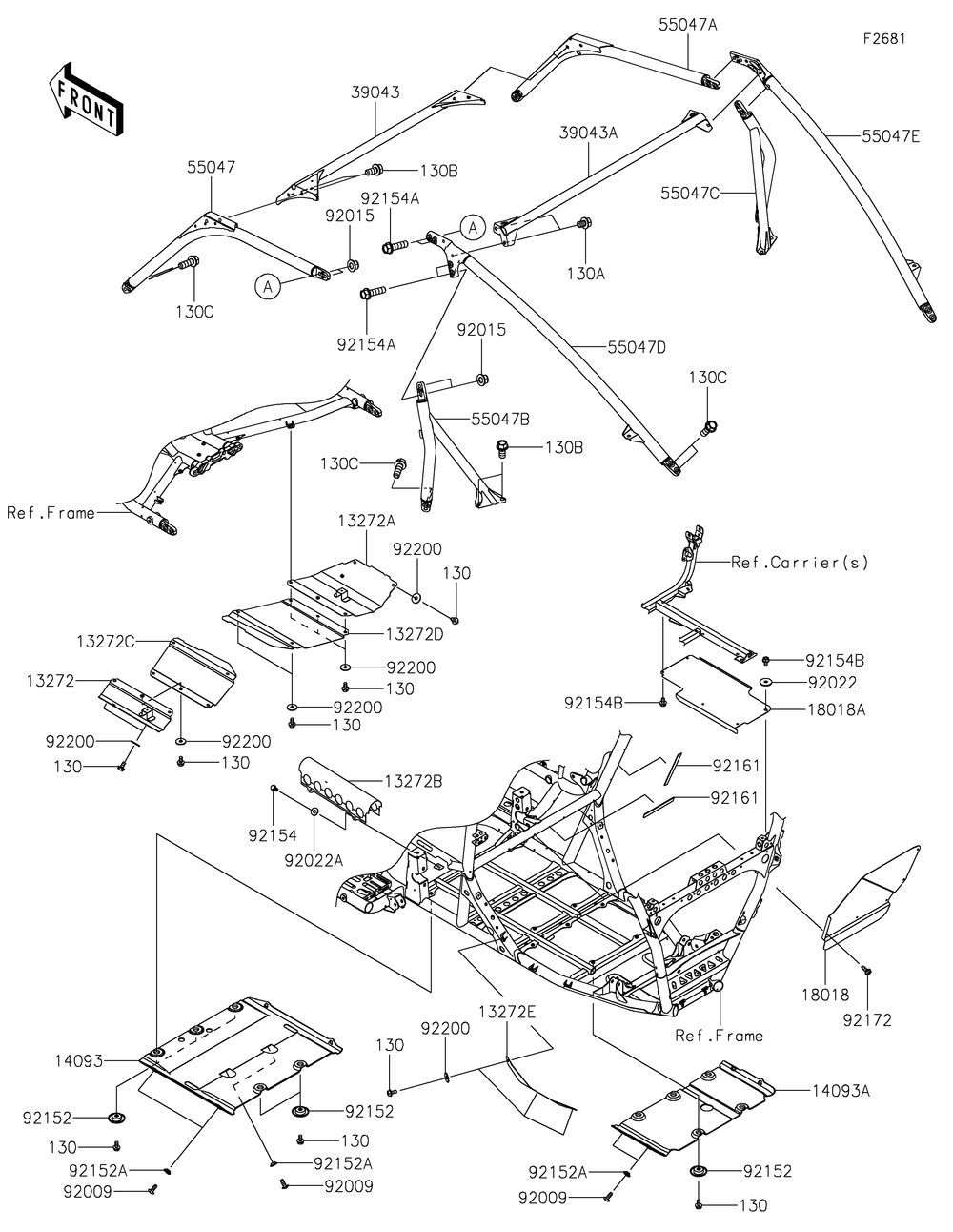 Guards/Cab Frame Diagram and Parts List for KRF1000CMFNN 2021 Kawasaki Lawn Tractor Accessories