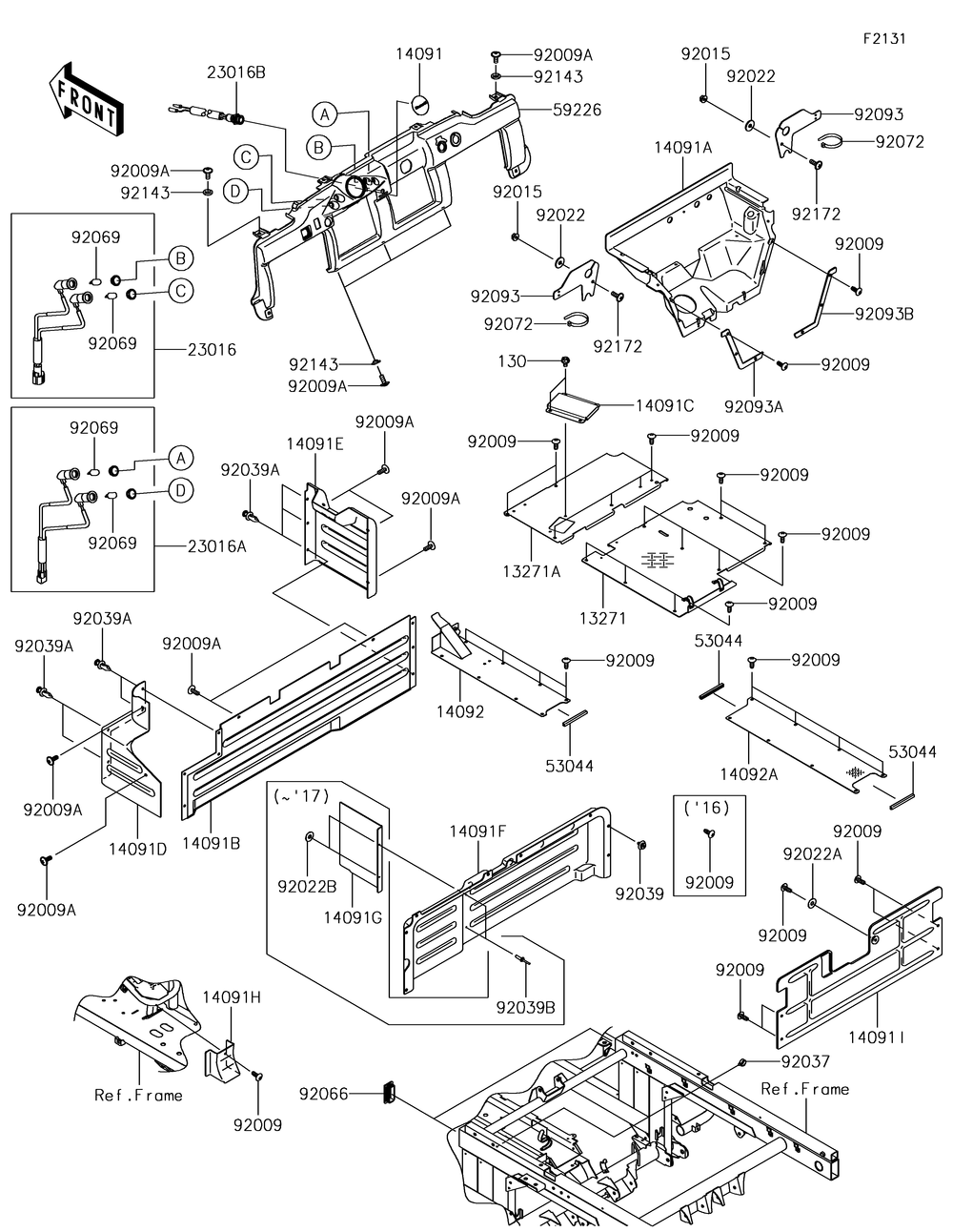 Frame Fittings Diagram and Parts List for KAF620RHF 2017 Kawasaki Lawn Tractor Accessories
