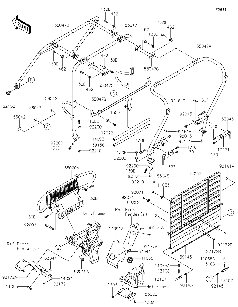 Guards/Cab Frame Diagram and Parts List for KAF620WMFNN 2021 Kawasaki Lawn Tractor Accessories