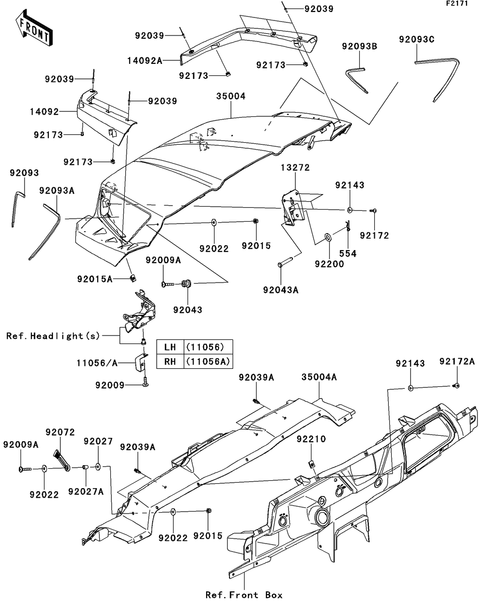 Front Fender Diagram and Parts List for KRT750DCF 2012 Kawasaki Lawn Tractor Accessories