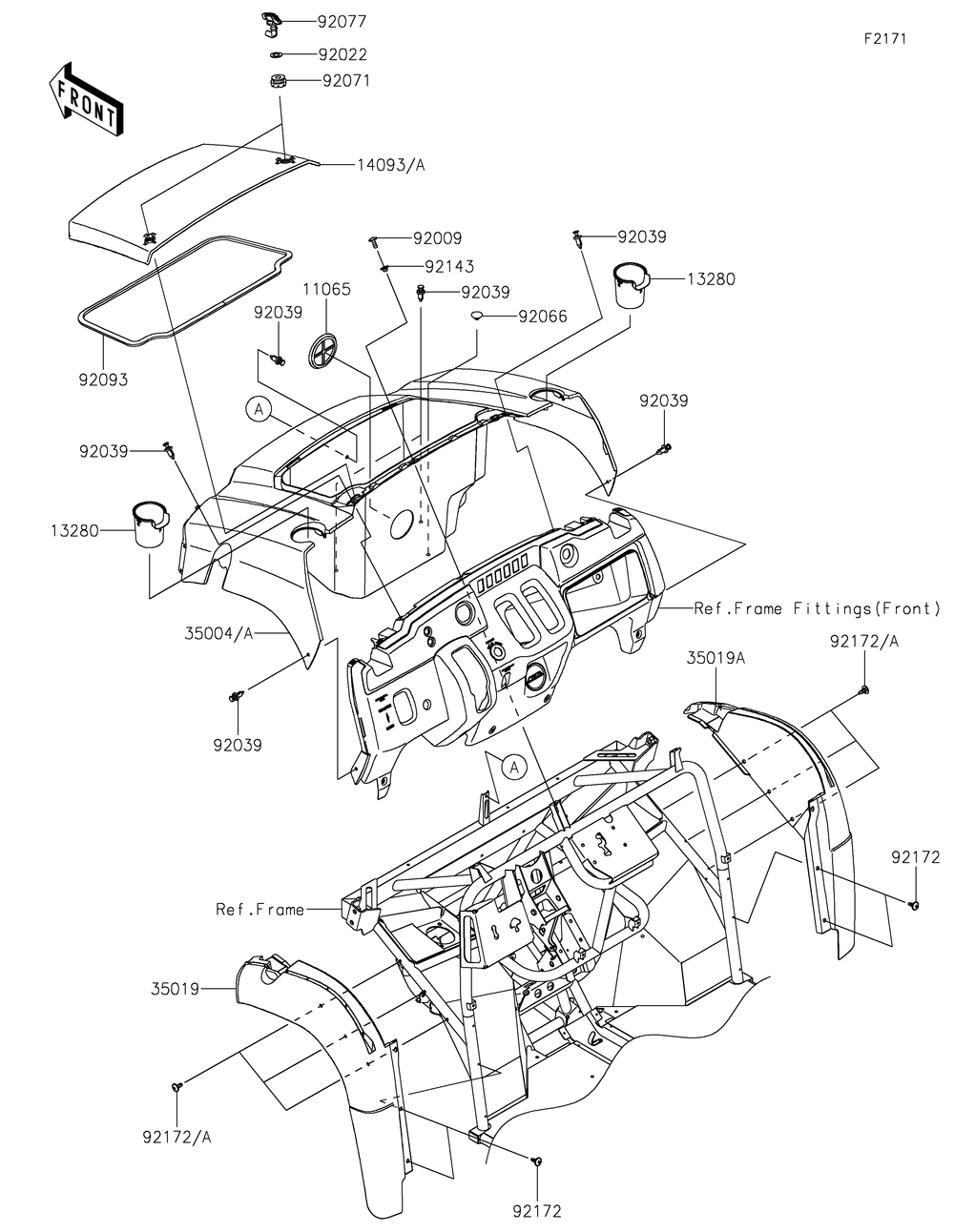 Front Fender Diagram and Parts List for KAF400JNFNN 2022 Kawasaki Lawn Tractor Accessories