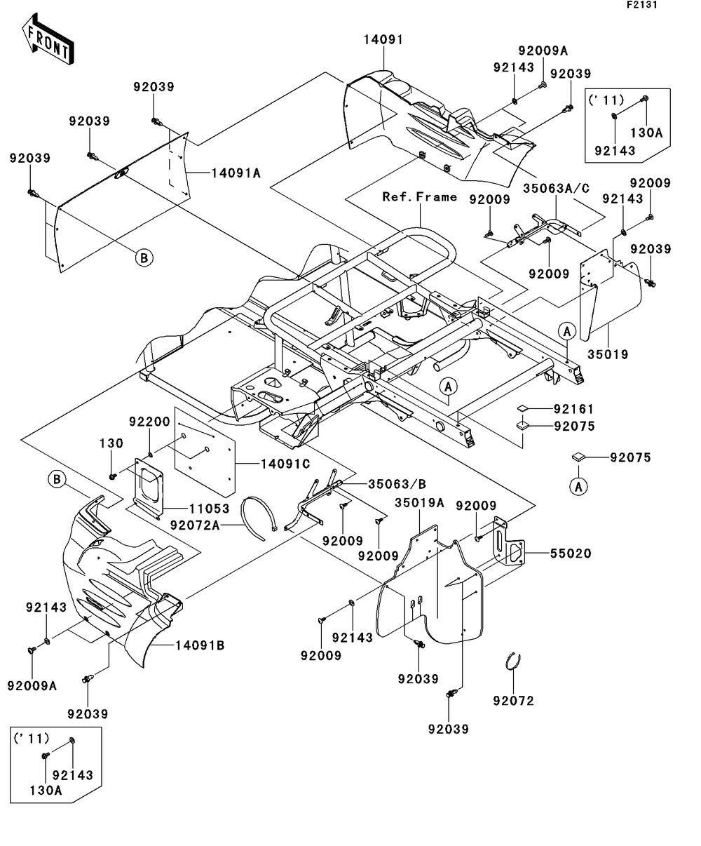 Frame Fittings-Rear Diagram and Parts List for KAF400BEF 2014 Kawasaki Lawn Tractor Accessories