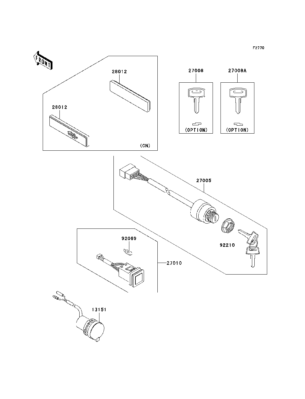 Ignition Switch Diagram and Parts List for KAF620E7F 2007 & Prior Kawasaki Lawn Tractor Accessories