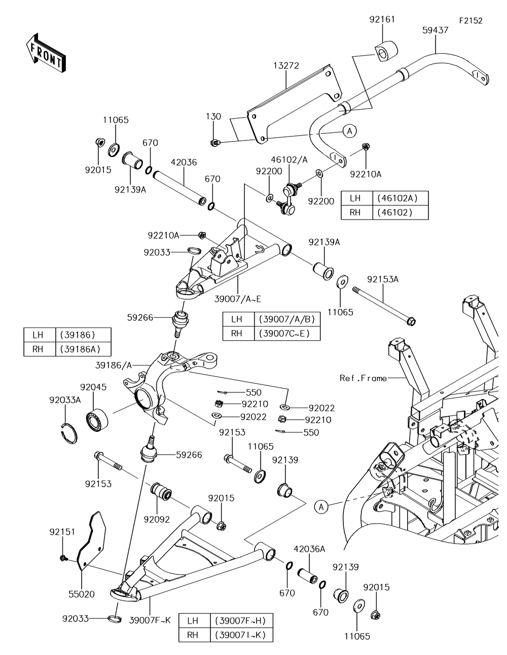 Front Suspension Diagram and Parts List for KRF800GJF 2018 Kawasaki Lawn Tractor Accessories