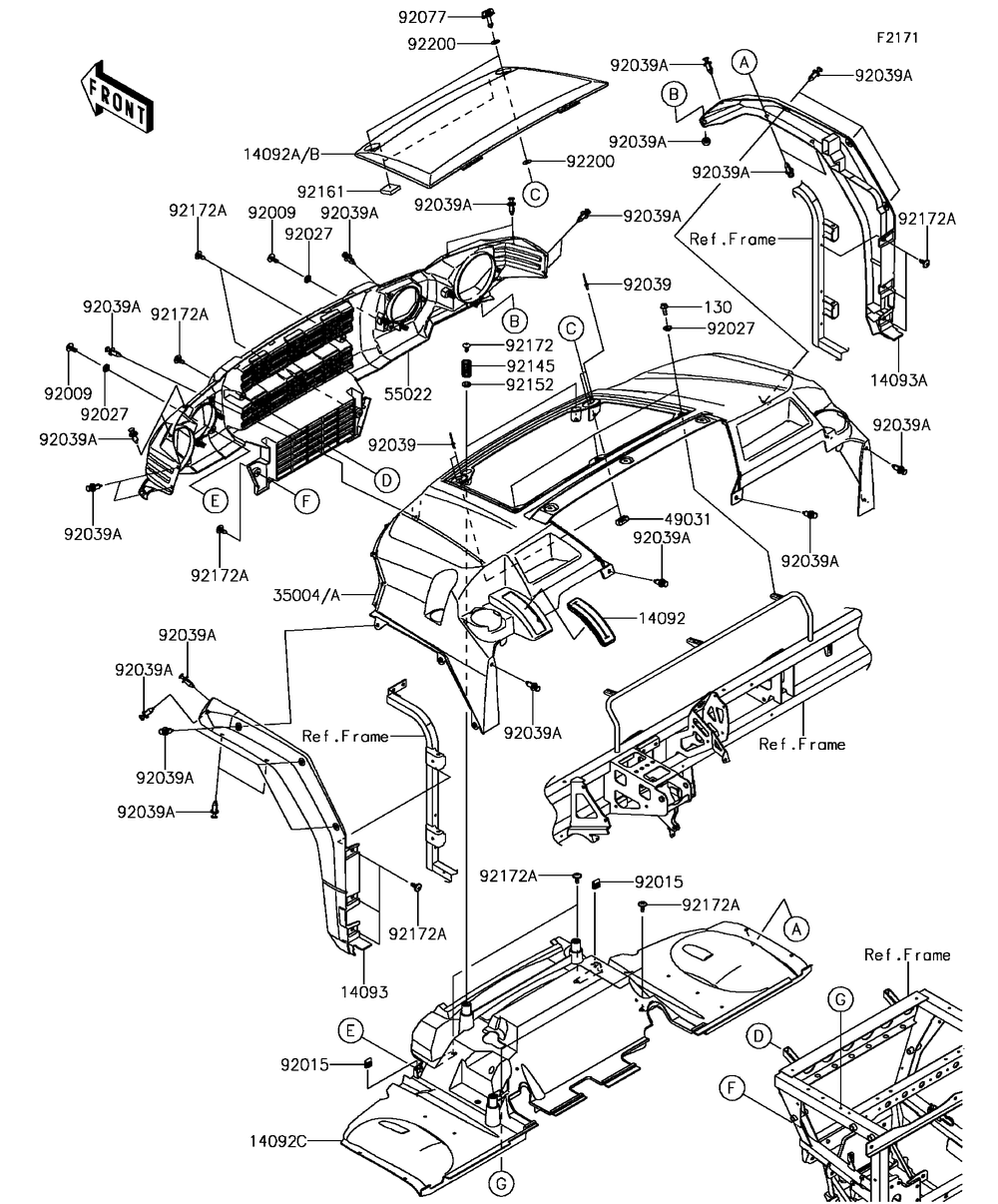 Front Fender Diagram and Parts List for KAF820CHF 2017 Kawasaki Lawn Tractor Accessories