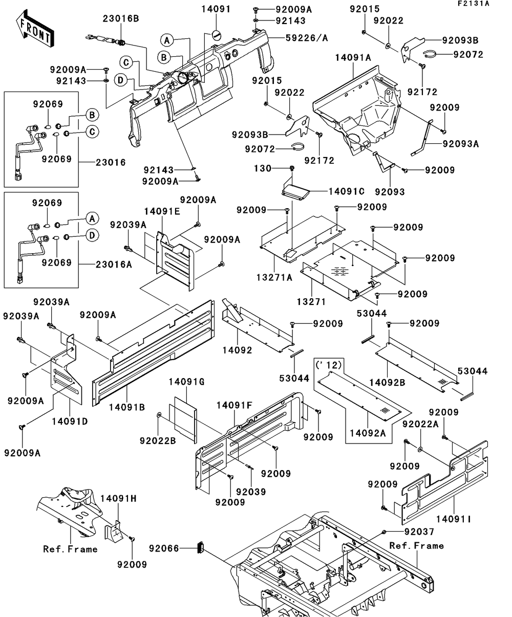 Frame Fittings Diagram and Parts List for KAF620SDF 2013 Kawasaki Lawn Tractor Accessories