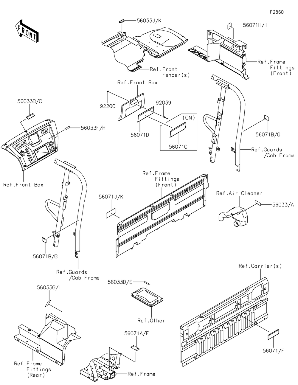 Labels Diagram and Parts List for KAF1000EMFNN 2021 Kawasaki Lawn Tractor Accessories