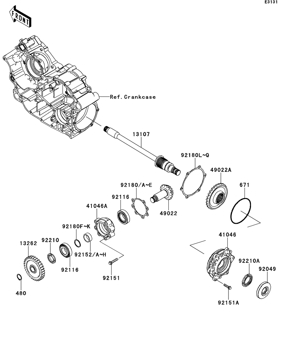Front Bevel Gear Diagram and Parts List for KRT750DCF 2012 Kawasaki Lawn Tractor Accessories
