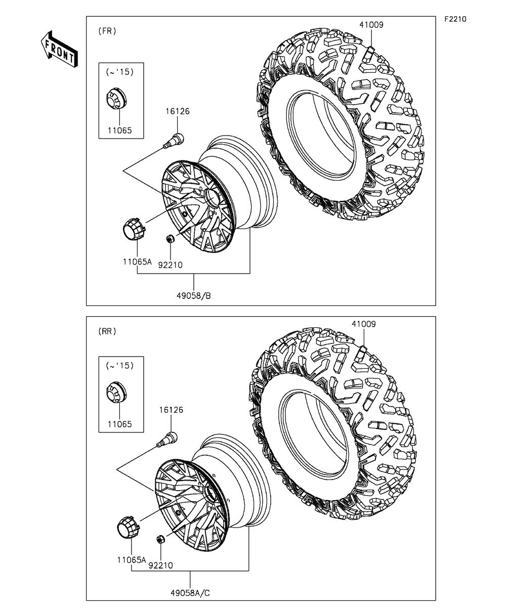 Wheels/Tires Diagram and Parts List for KAF400FGF 2016 Kawasaki Lawn Tractor Accessories