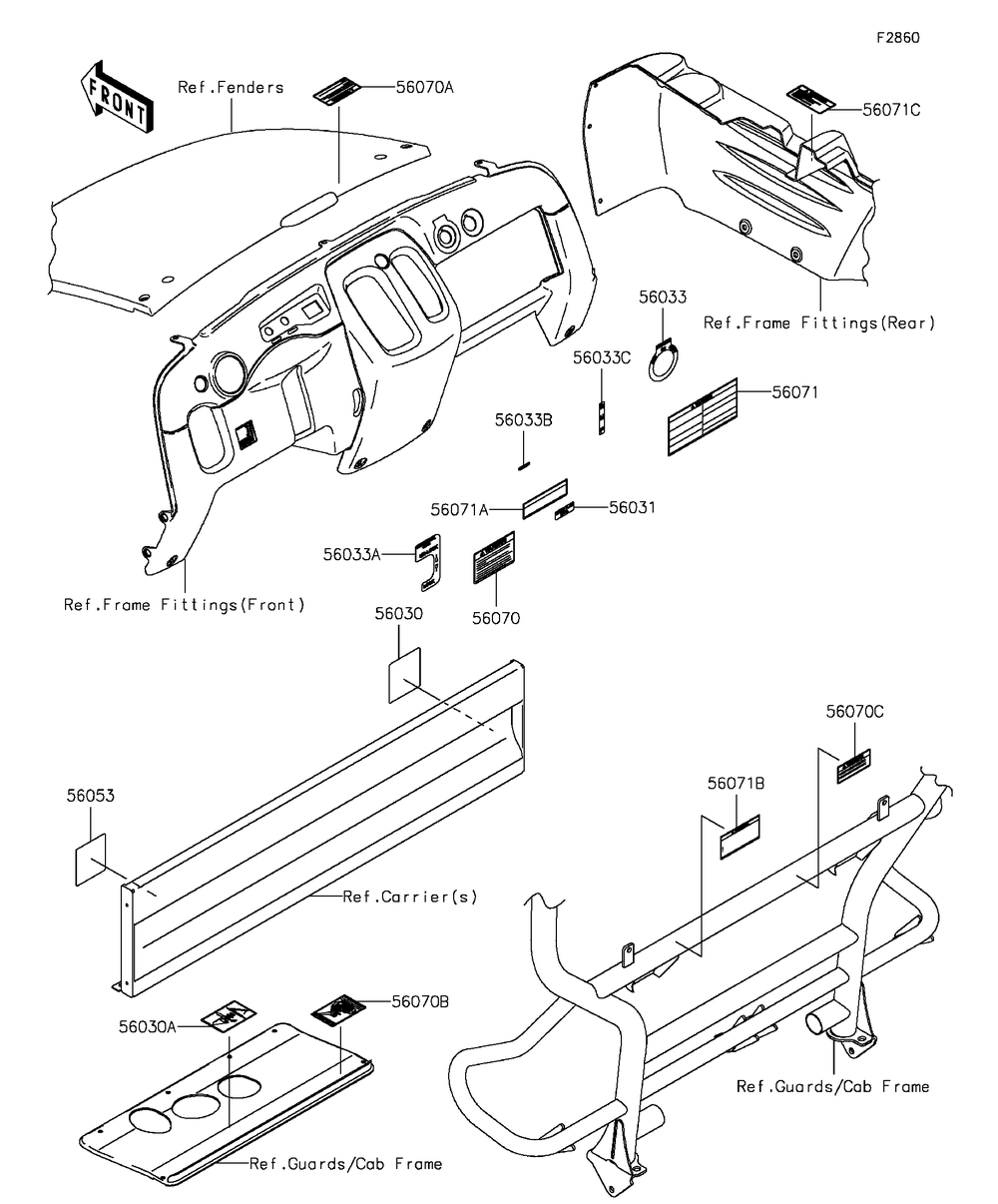 Labels Diagram and Parts List for KAF400BGF 2016 Kawasaki Lawn Tractor Accessories