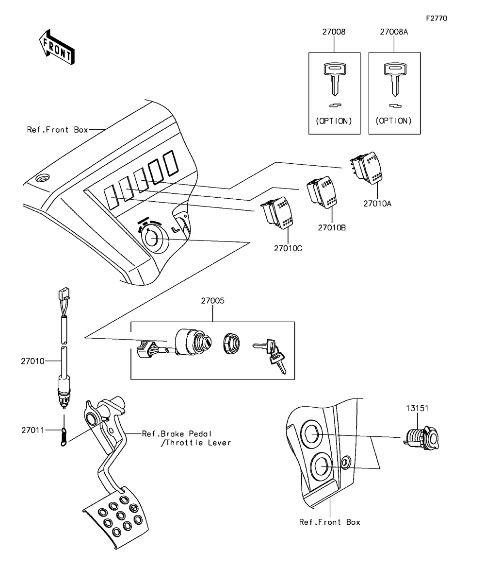 Ignition Switch Diagram and Parts List for KAF1000DHF 2017 Kawasaki Lawn Tractor Accessories
