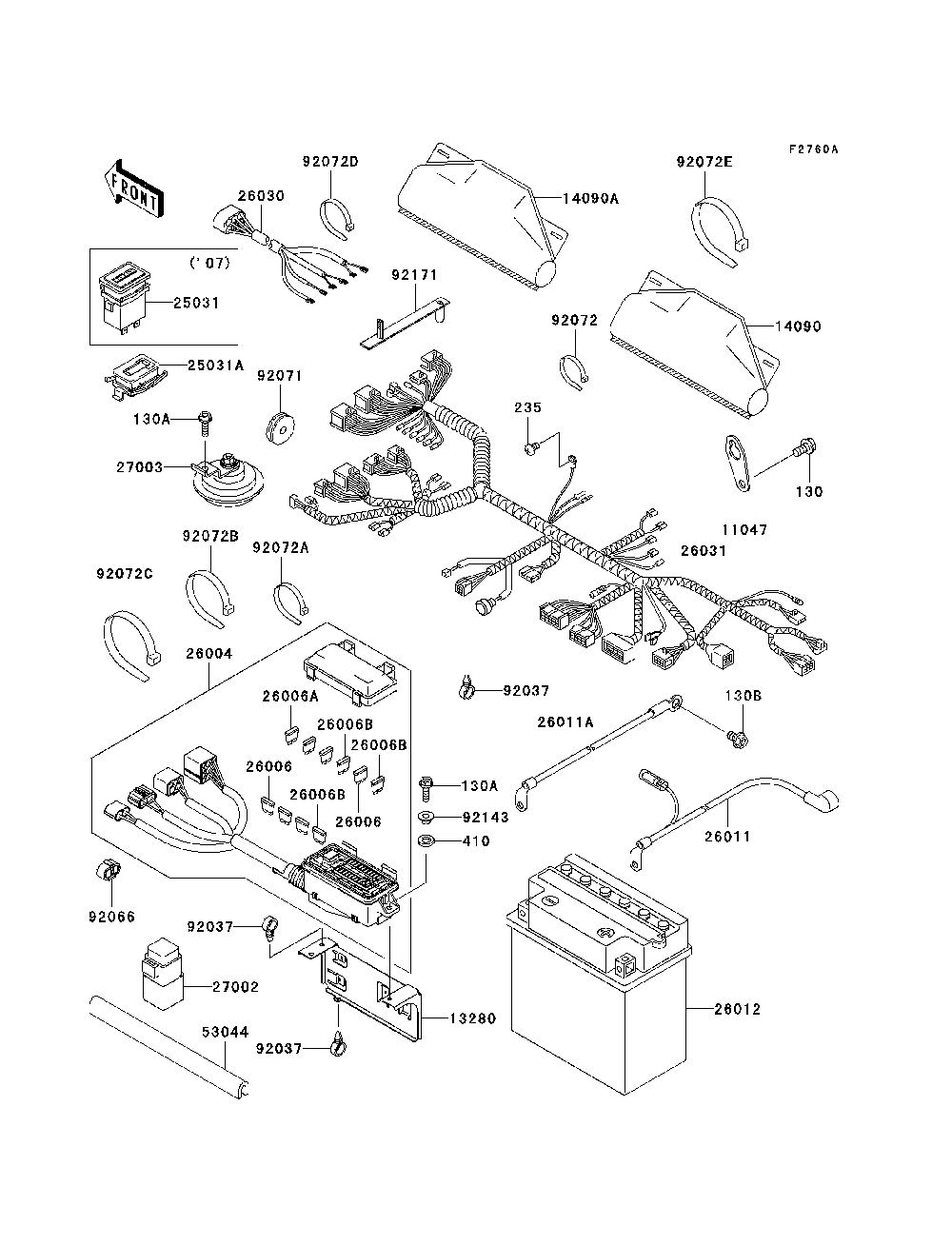 Chassis Electrical Equipment Diagram and Parts List for KAF620H7F 2007 & Prior Kawasaki Lawn Tractor Accessories