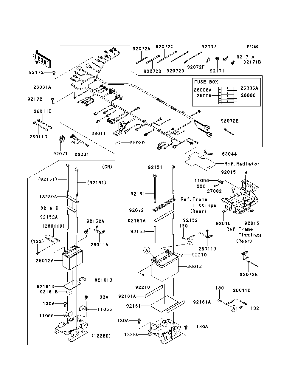 Chassis Electrical Equipment Diagram and Parts List for KRF750RDF 2013 Kawasaki Lawn Tractor Accessories
