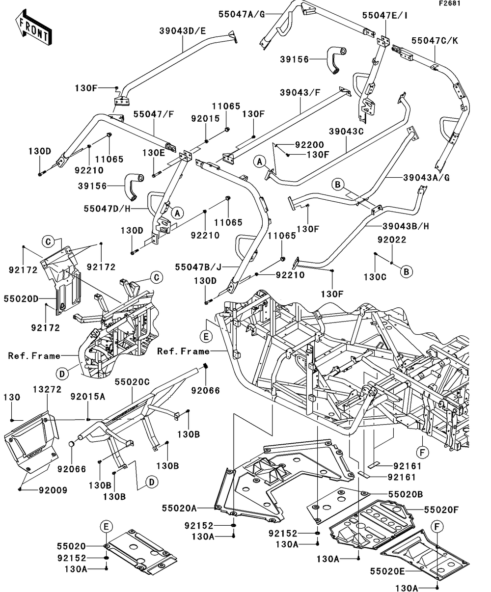 Guards/Cab Frame Diagram and Parts List for KRT750DCF 2012 Kawasaki Lawn Tractor Accessories