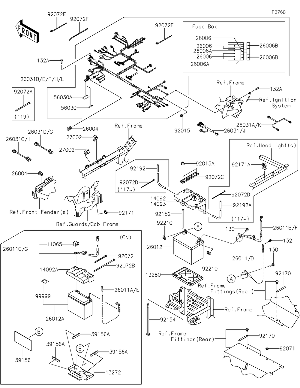 Chassis Electrical Equipment Diagram and Parts List for KRF800FLF 2020 Kawasaki Lawn Tractor Accessories