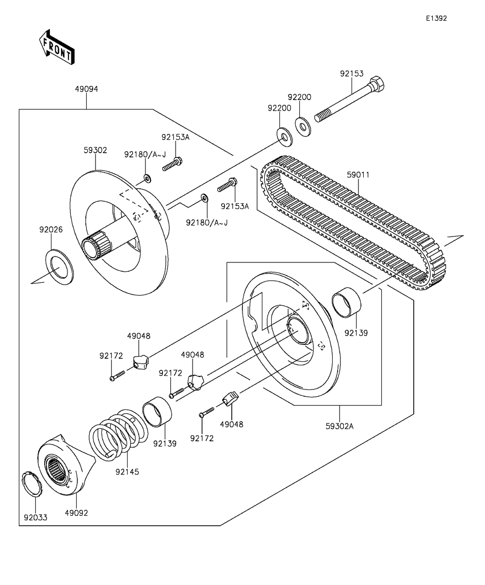 Driven Converter/Drive Belt Diagram and Parts List for KAF400DFF 2015 Kawasaki Lawn Tractor Accessories