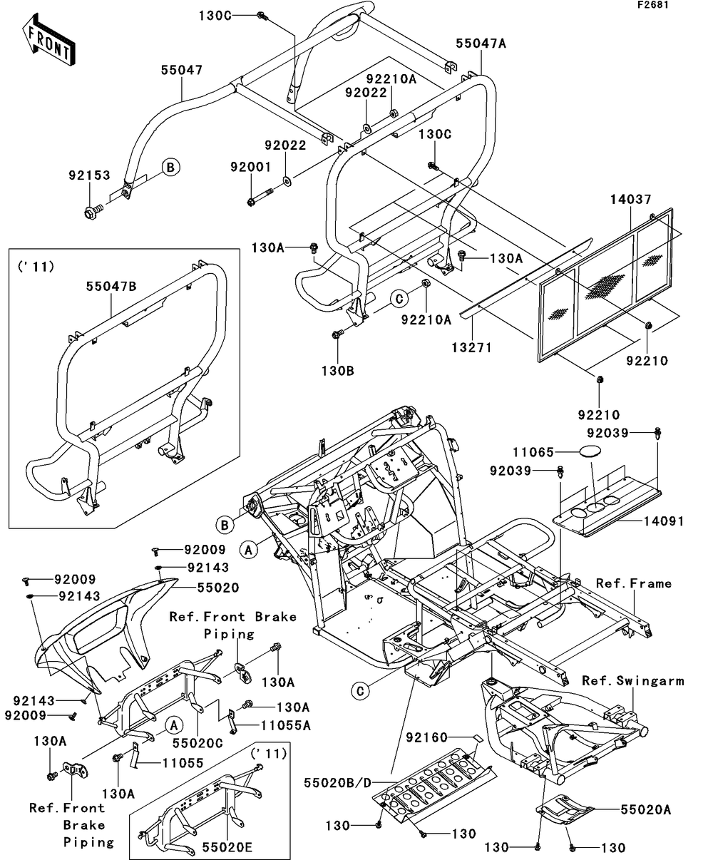 Guards/Cab Frame Diagram and Parts List for KAF400BEF 2014 Kawasaki Lawn Tractor Accessories