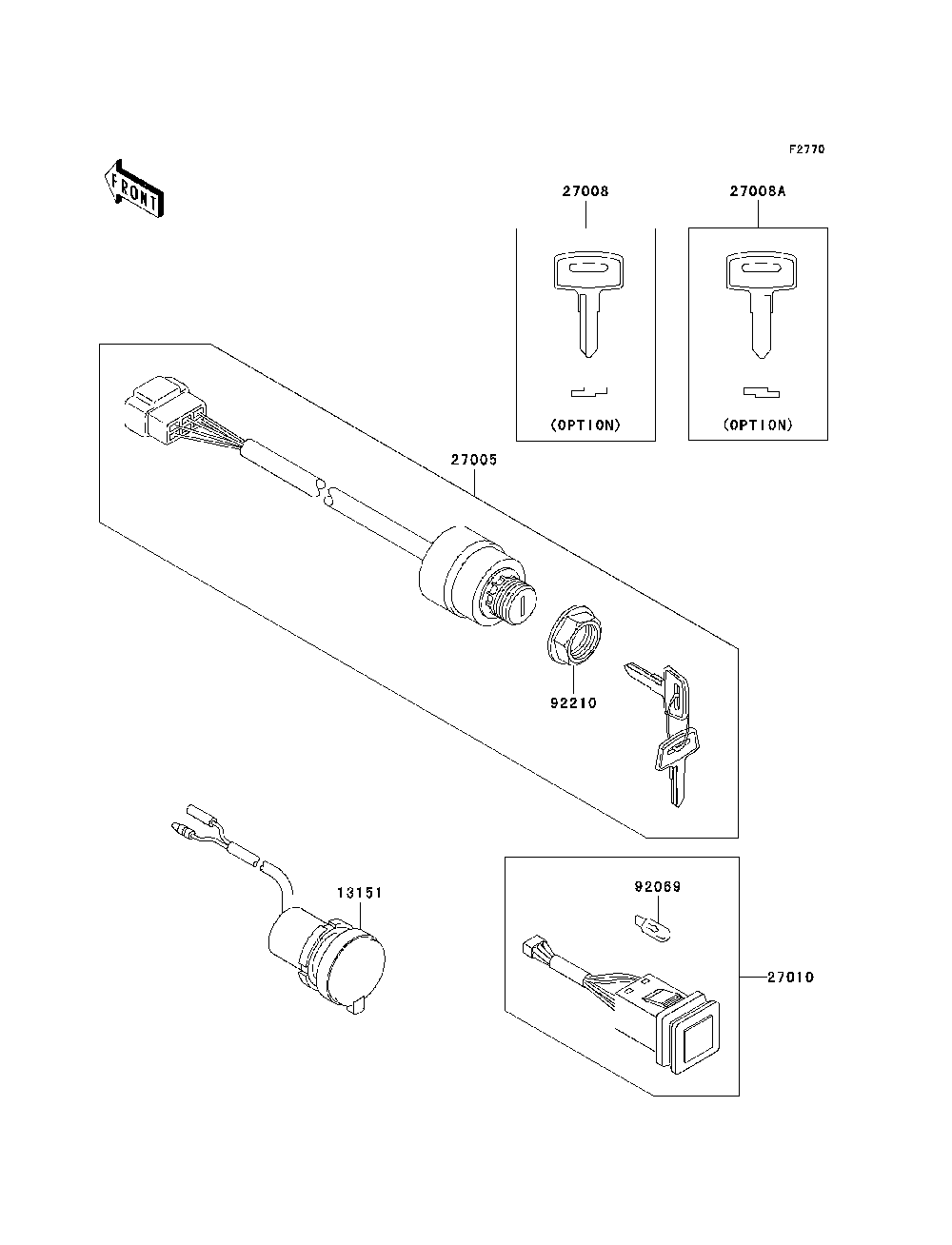 Ignition Switch Diagram and Parts List for KAF620K7F 2007 & Prior Kawasaki Lawn Tractor Accessories