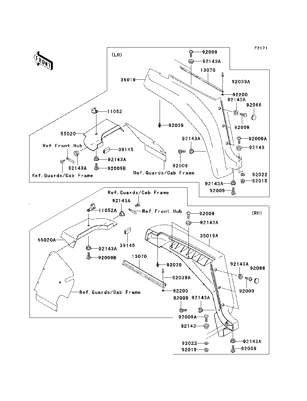 Front Fender Diagram and Parts List for KAF620K7F 2007 & Prior Kawasaki Lawn Tractor Accessories