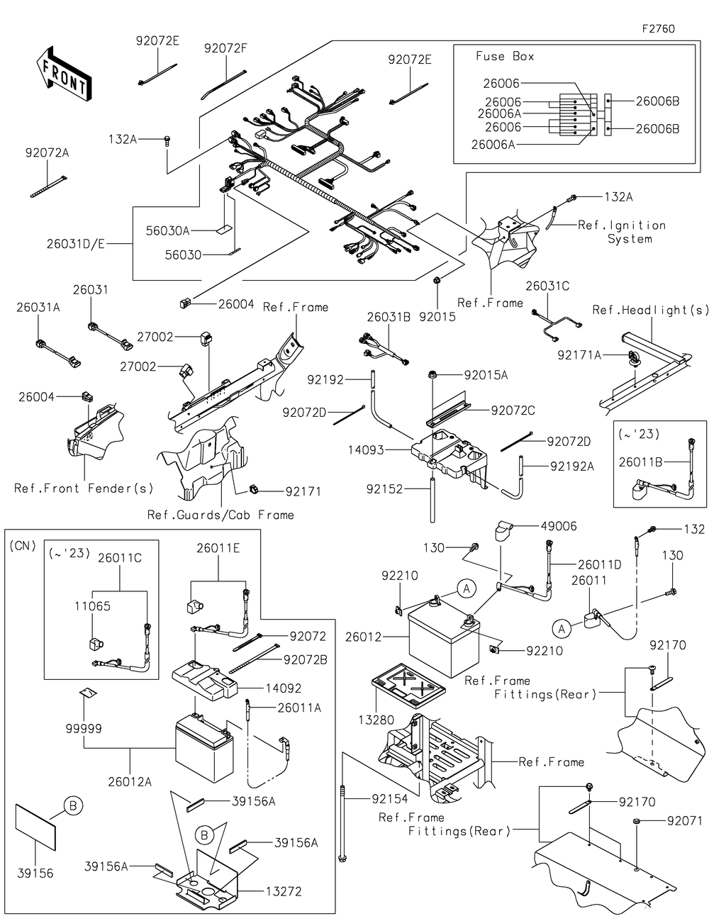 Chassis Electrical Equipment Diagram and Parts List for KRT800FPFNN 2023 Kawasaki Lawn Tractor Accessories