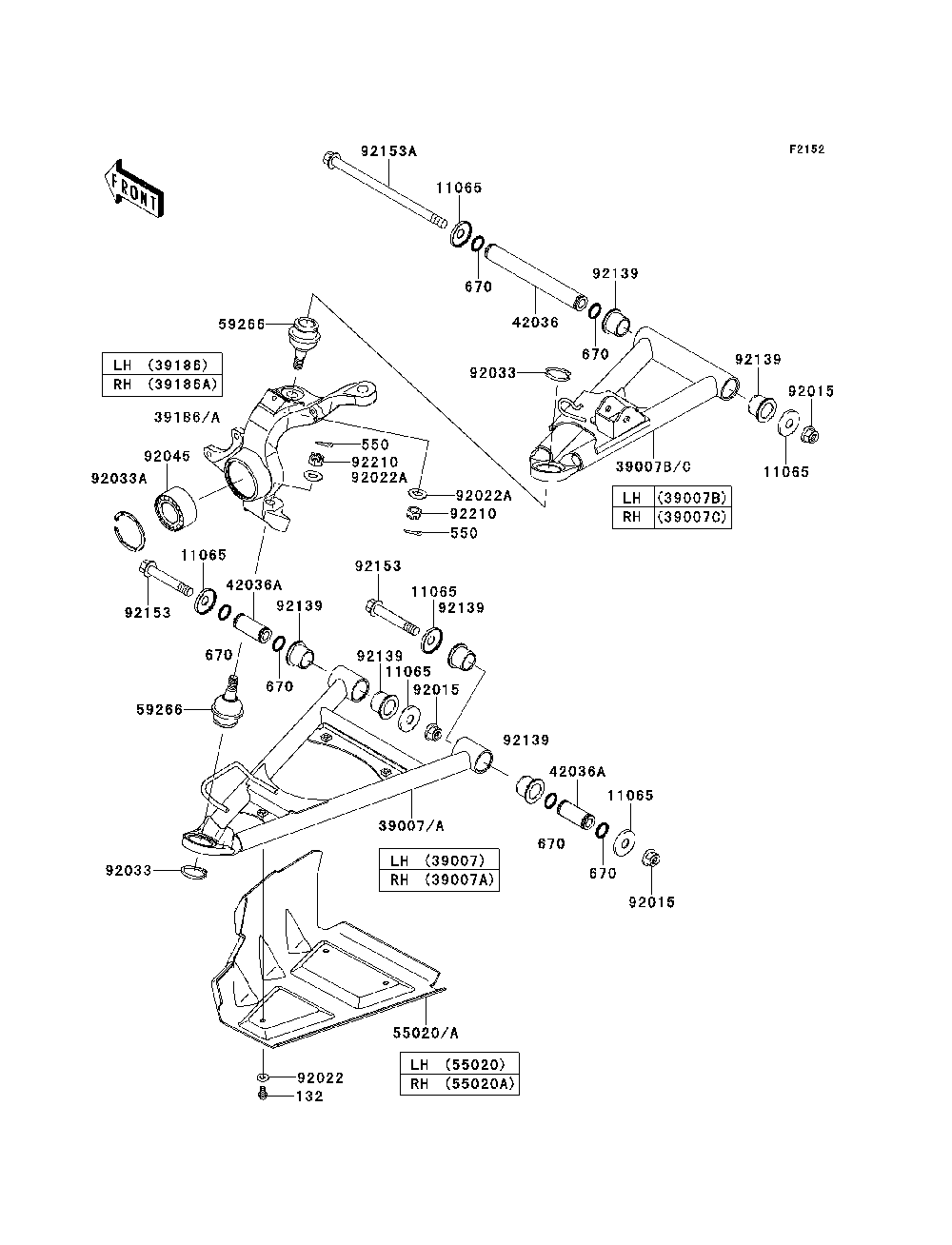 Front Suspension Diagram and Parts List for KRF750RDF 2013 Kawasaki Lawn Tractor Accessories