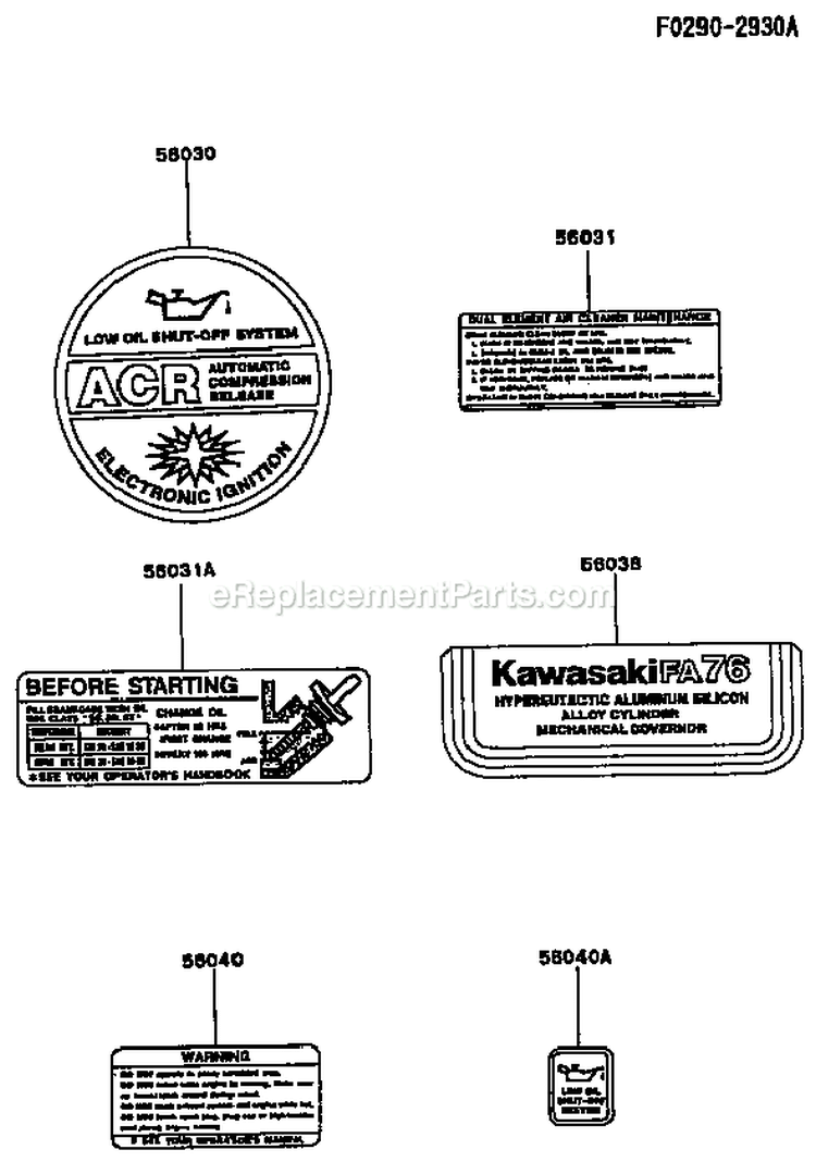Page H Diagram and Parts List for FA076D ES04 Kawasaki Engine