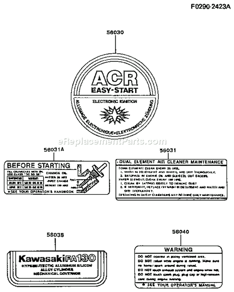 Page H Diagram and Parts List for FA130D AS21 Kawasaki Engine
