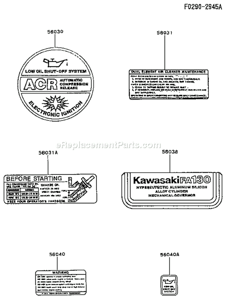 Page H Diagram and Parts List for FA130D BT62 Kawasaki Engine