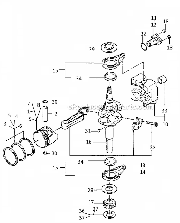 PistonCrankshaft Diagram and Parts List for FB460V-DS08  Kawasaki Engine
