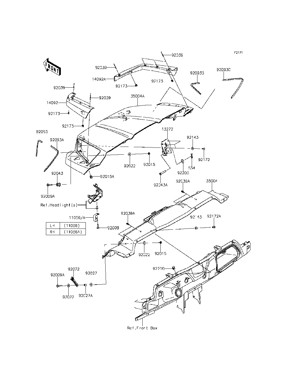 Front Fender Diagram and Parts List for KRF800DFF 2015 Kawasaki Lawn Tractor Accessories