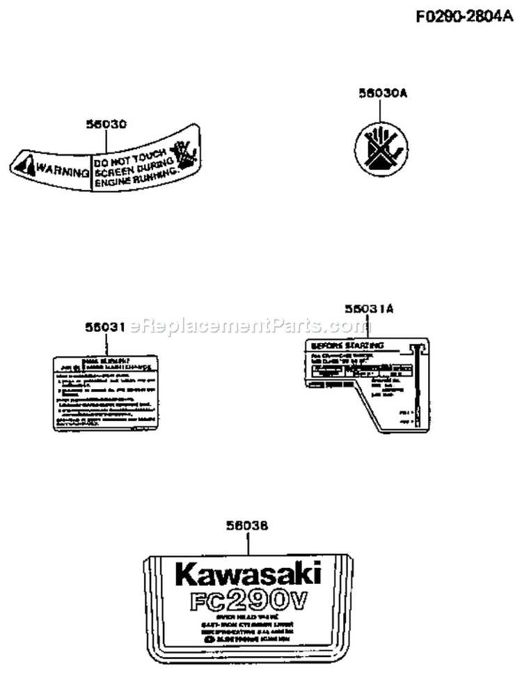 Page H Diagram and Parts List for FC290V BS05 Kawasaki Engine