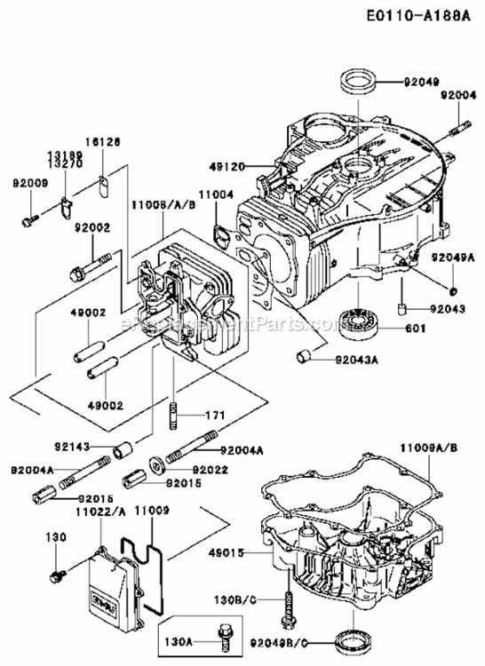 CylinderCrankcase Diagram and Parts List for FC420V-AS01  Kawasaki Engine