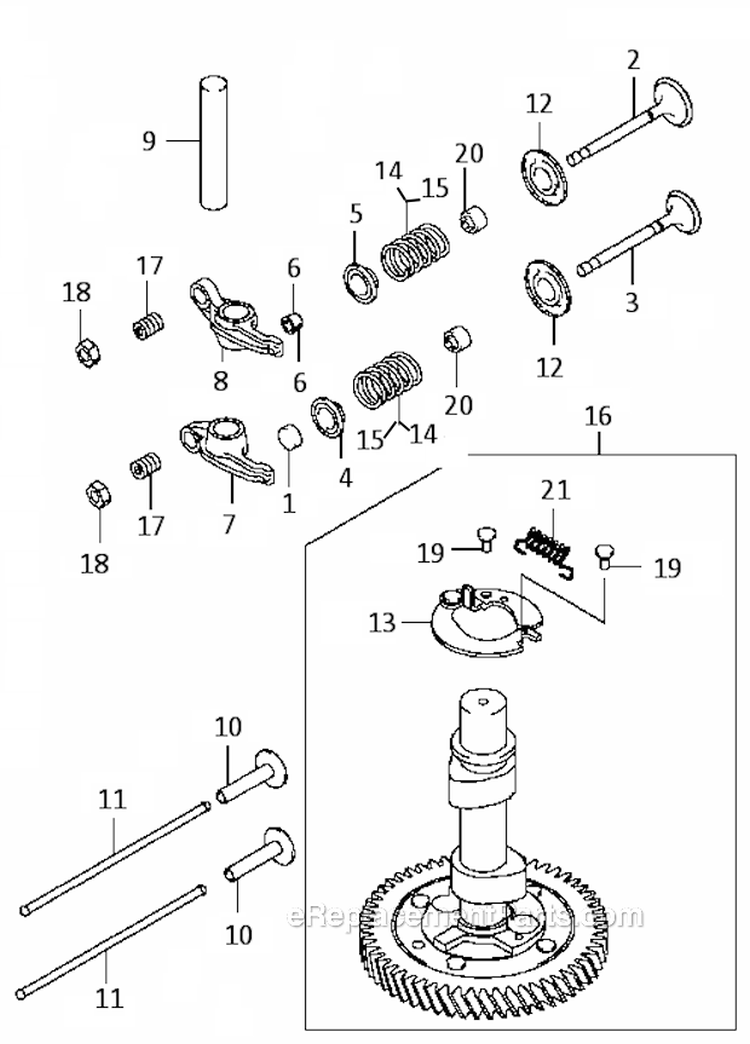 Valve Cam Shaft Diagram and Parts List for FC420V-ES00  Kawasaki Engine