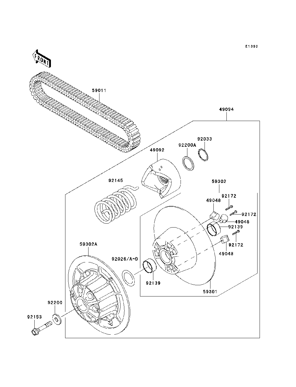 Driven Converter/Drive Belt Diagram and Parts List for KAF950B7F 2007 & Prior Kawasaki Lawn Tractor Accessories