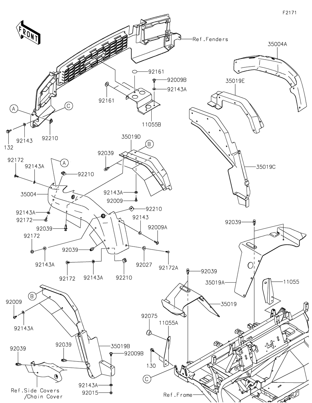 Front Fender Diagram and Parts List for KAF620MLF 2020 Kawasaki Lawn Tractor Accessories