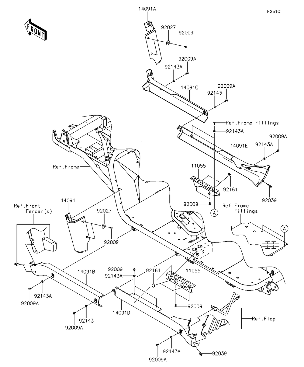 Side Covers/Chain Cover Diagram and Parts List for KAF620RFF 2015 Kawasaki Lawn Tractor Accessories