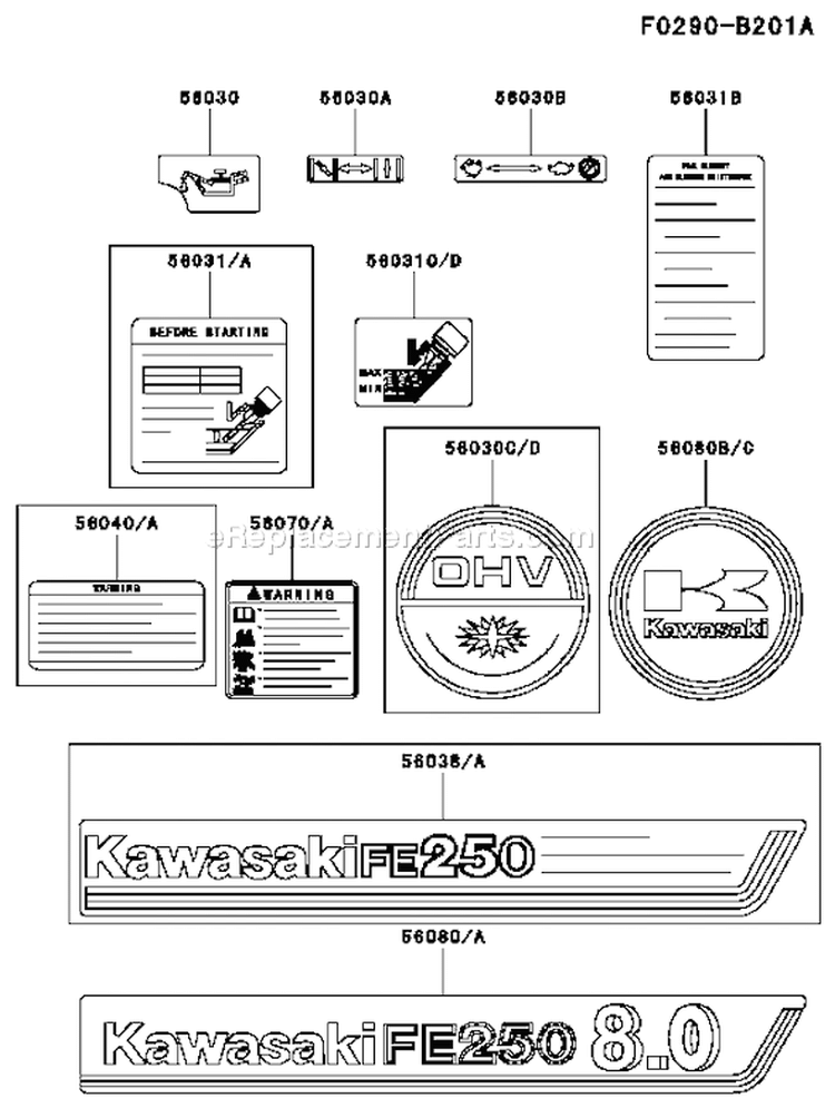 Page H Diagram and Parts List for FE250D BS05 Kawasaki Engine