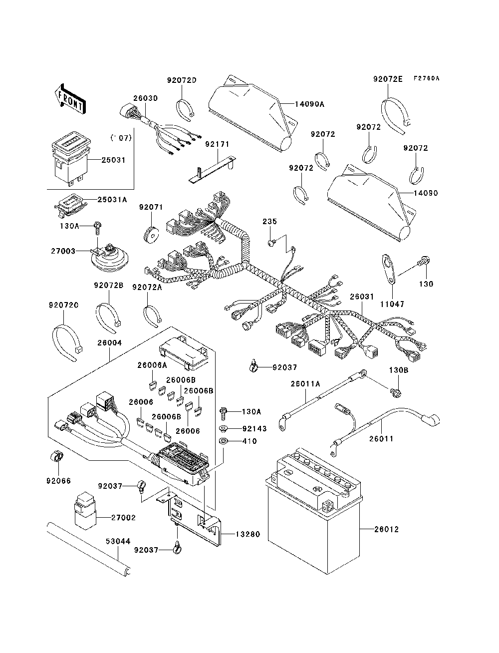 Chassis Electrical Equipment Diagram and Parts List for KAF620E7F 2007 & Prior Kawasaki Lawn Tractor Accessories