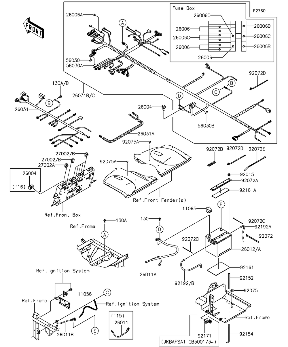 Chassis Electrical Equipment Diagram and Parts List for KAF820AFF 2015 Kawasaki Lawn Tractor Accessories