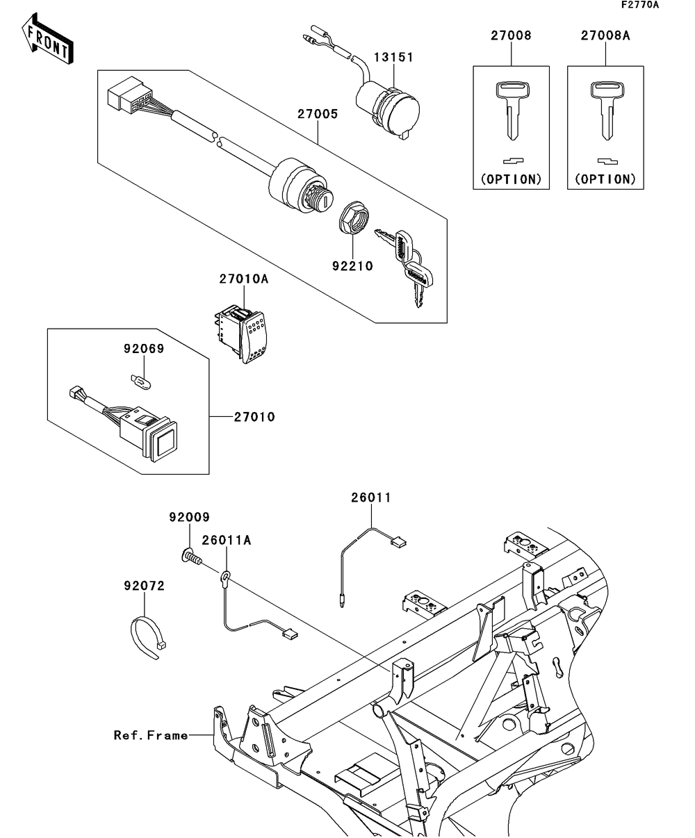 Ignition Switch Diagram and Parts List for KAF950GDF 2013 Kawasaki Lawn Tractor Accessories