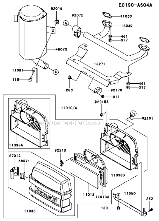 Air-FilterMuffler Diagram and Parts List for FH500V CS38 Kawasaki Engine
