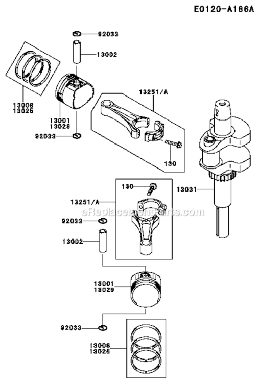 PistonCrankshaft Diagram and Parts List for FH500V CS38 Kawasaki Engine